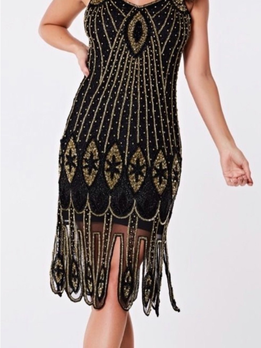 Black & Gold Beaded Fringe Midi Dress